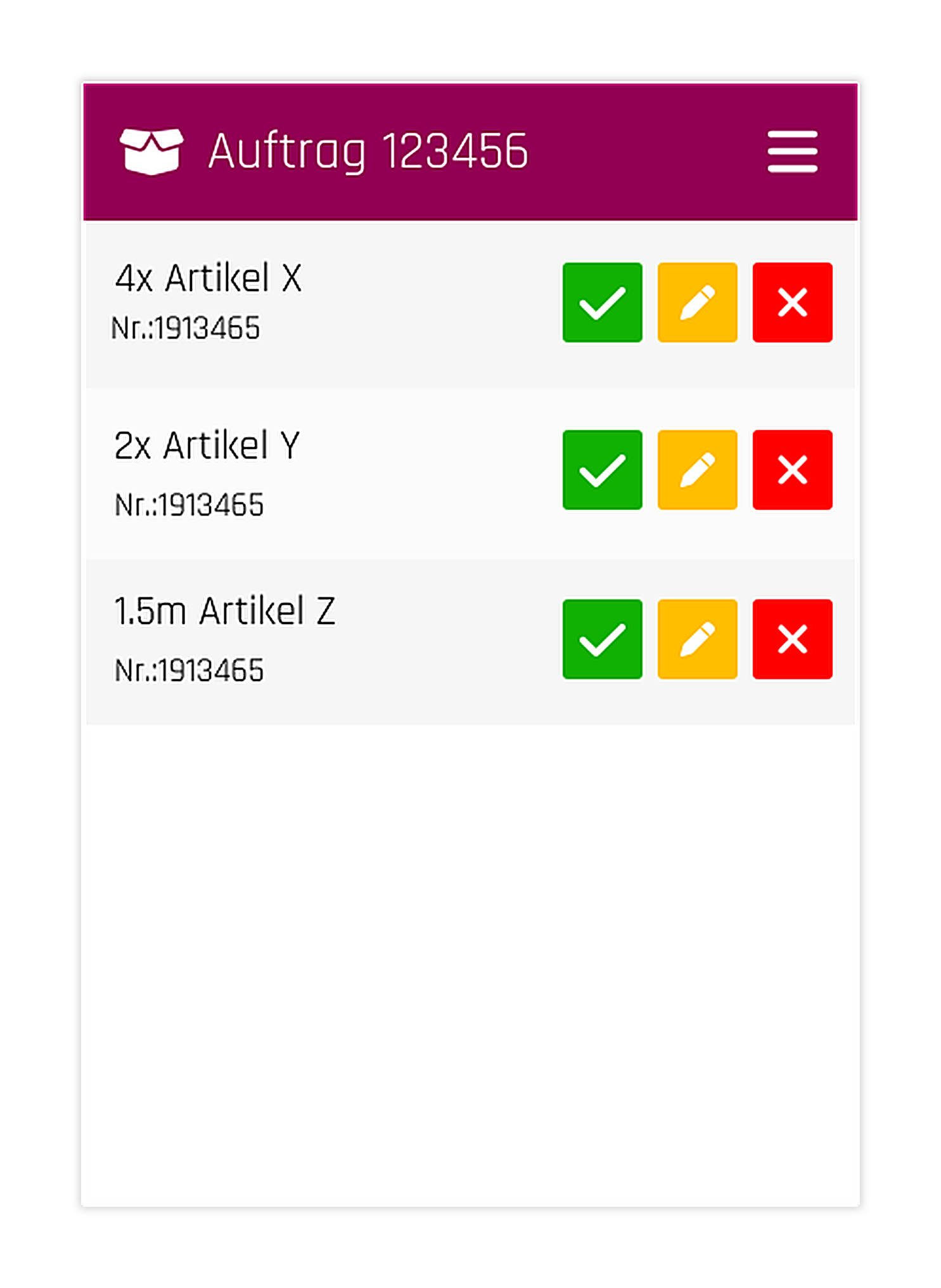 IDS Logistik-App Auftragsansicht mit gescannten Positionen, die als bestätigt, auffällig oder offen markiert sind